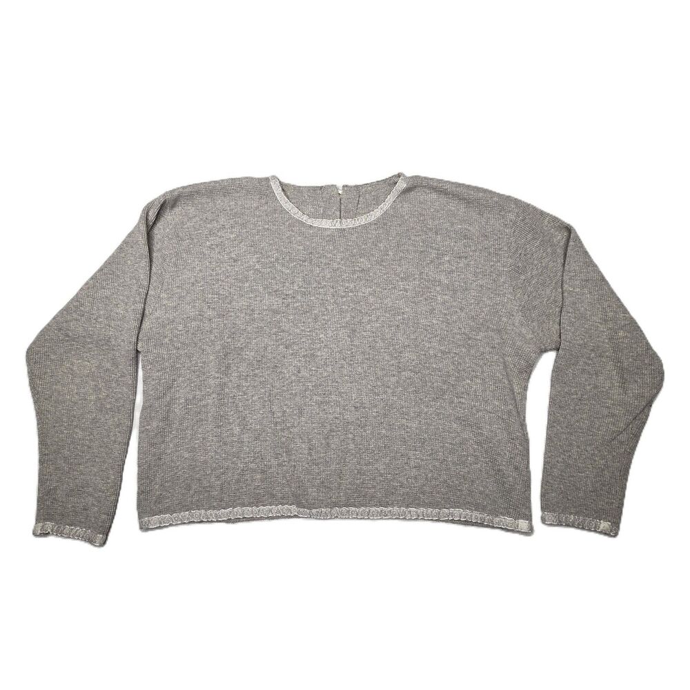 Vintage Fitigues Womens XS Waffle Knit LS Scoop Neck Pullover Gray Lace Trim USA